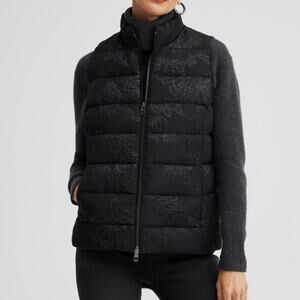 NWT Chico’s black floral metallic jacquard print puffer vest